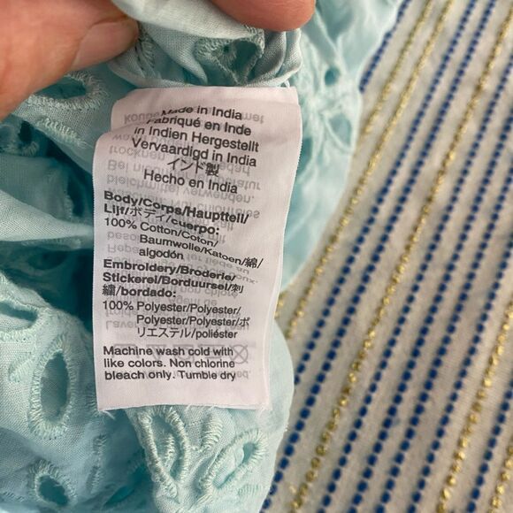 J Crew Top Eyelet Pullover Tunic Blouse Mint 3/4 Sleeve Ruffle Neck Cotton Sz S - Picture 10 of 12